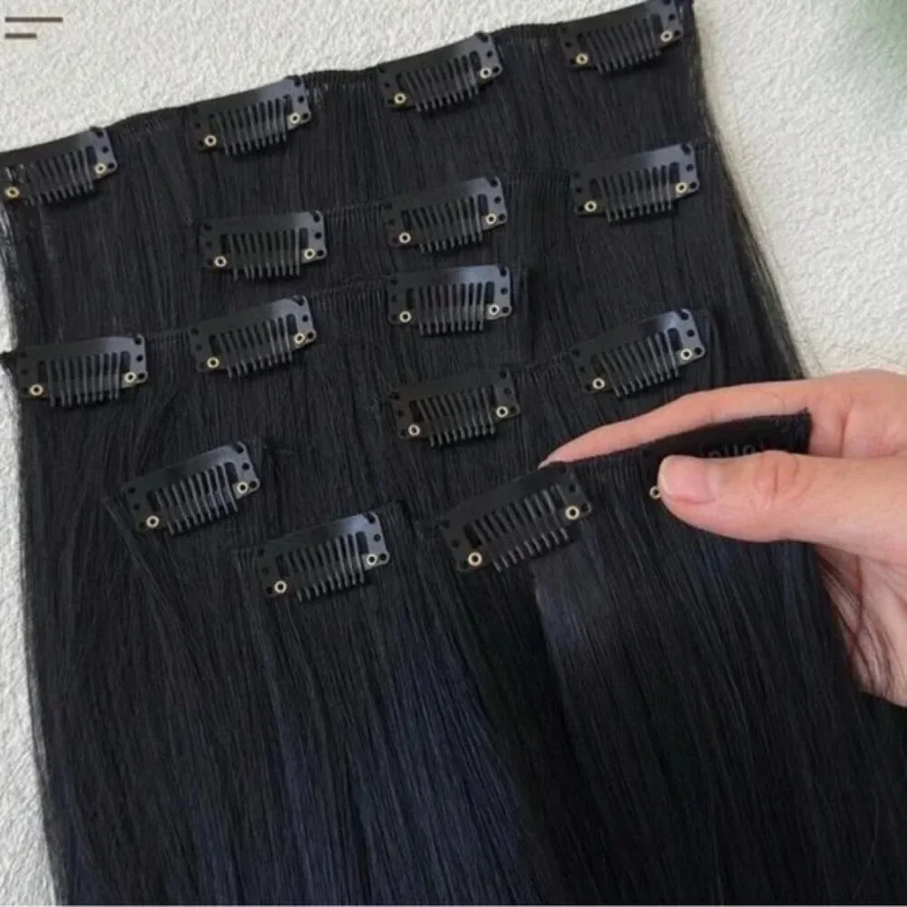 Black human hair Blend Extensions Clip in pieces 22 in long